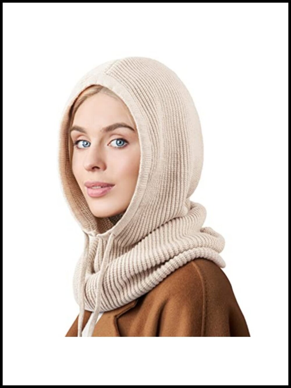 Knit Balaclava Hooded Scarf Hat Neck Warmer Adjustable Drawstring